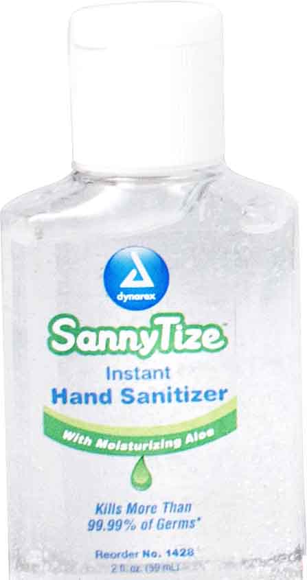 1428 Dynarex sanyze即时洗手液含有62%的乙醇，包装在一个2盎司的瓶子里