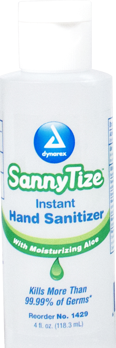 1429 Dynarex sanyze即时洗手液含有62%的乙醇，包装在一个4盎司的瓶子里