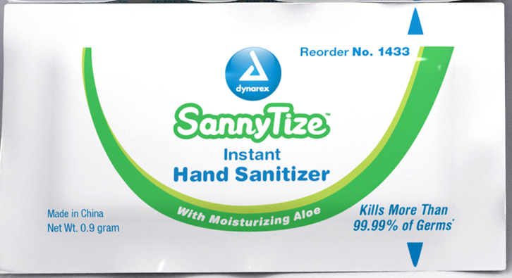 1433 Dynarex Sannytize即时洗手湿巾含有70%的酒精，并装入0.9 g小袋包装
