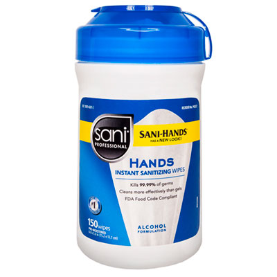 NIC P43572 Sani®专业6英寸x 5英寸Sani-手部消毒湿巾，150计数罐