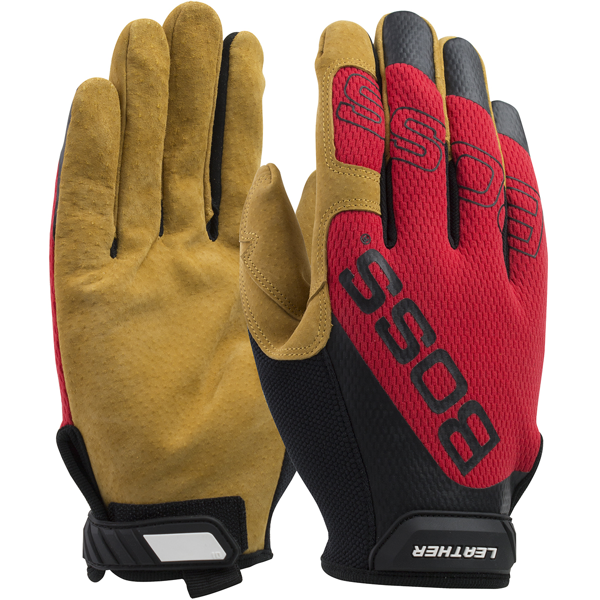 120-ML1350T PIP®Boss®高级猪皮皮手掌机械手套，红色网布背面