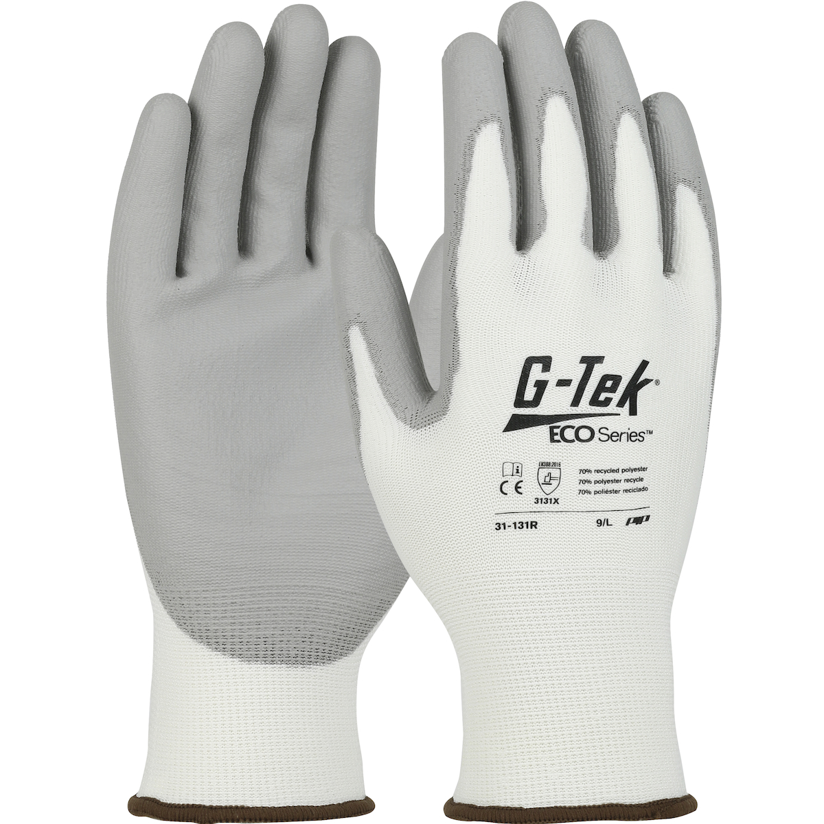 #31-131R PIP®G-Tek®ECO系列™无缝针织回收纱线/氨纶混合手套，手掌和手指上涂有聚氨酯平握把