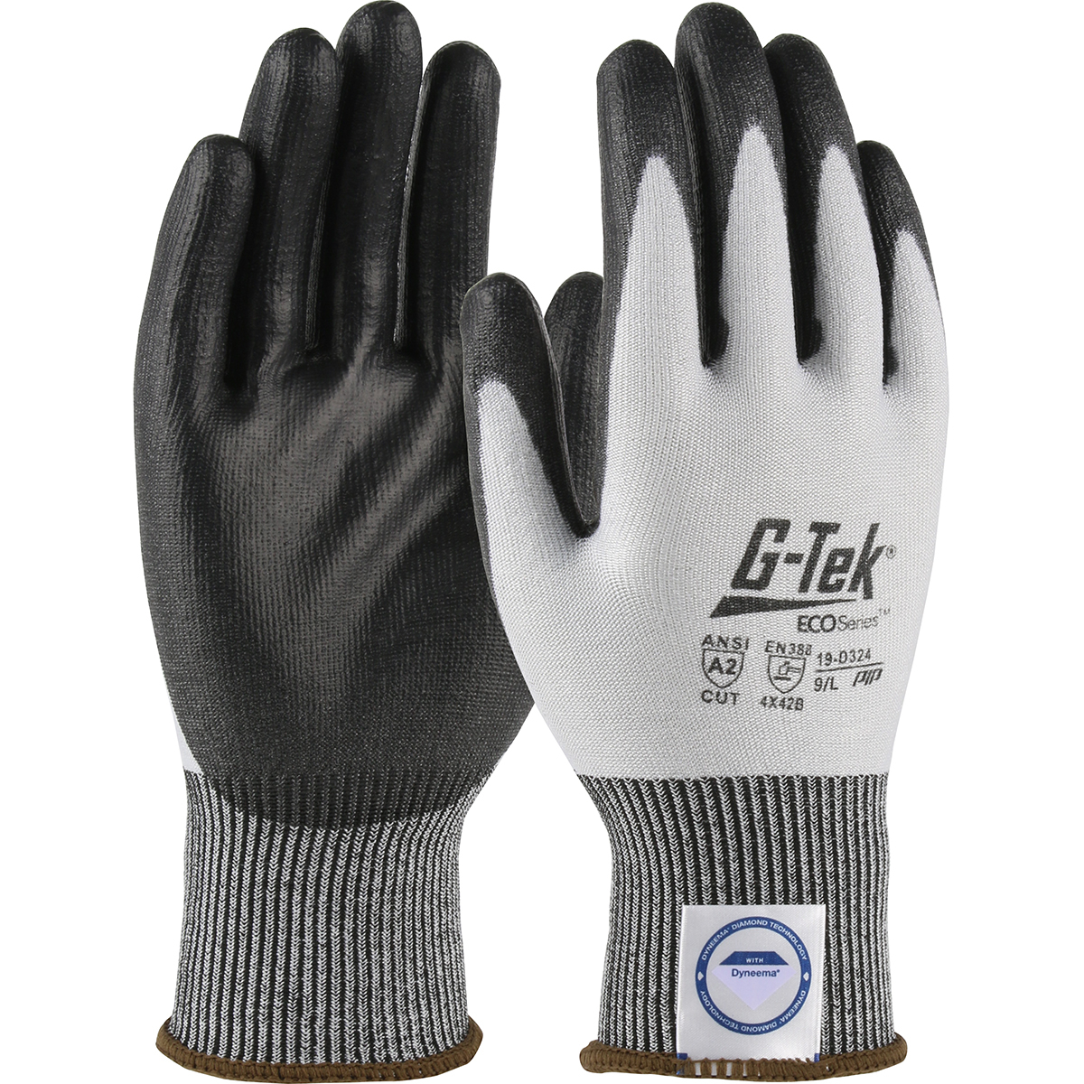 PIP®G-Tek®ECO系列™无缝针织Dyneema®凤凰混合手套，涂有聚氨酯的手掌和手指平握