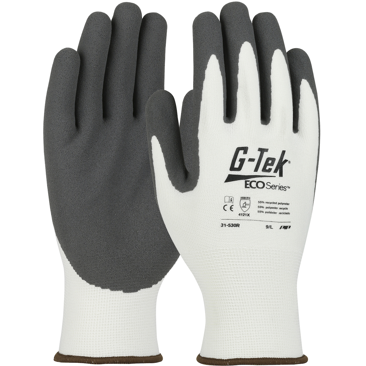 PIP®G-Tek®ECO系列™无缝针织回收纱线/氨纶混合手套，丁腈涂层的手掌和手指微表面握把