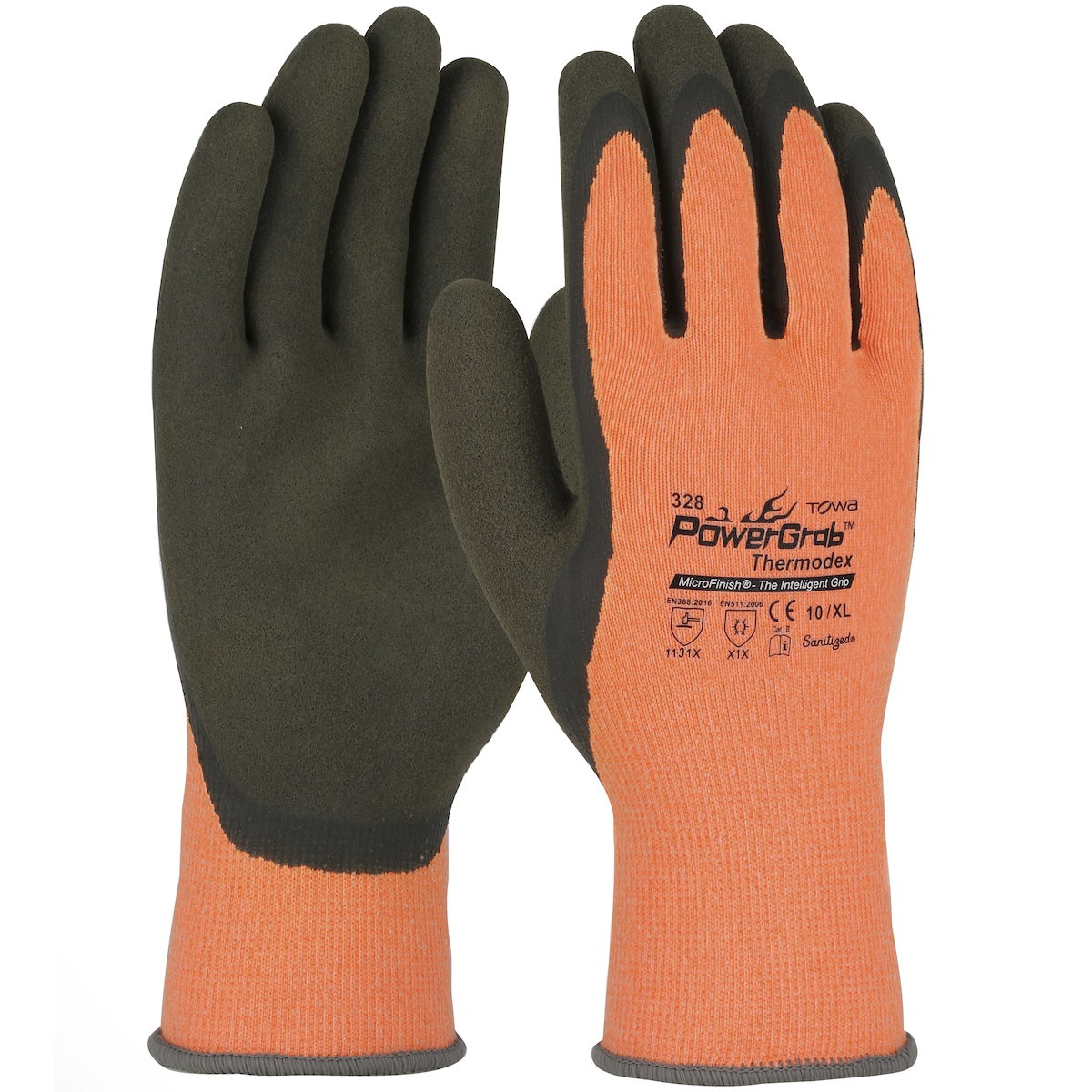 PIP®PowerGrab™Hi-Viz橙色Thermodex无缝针织冬季手套，手掌和手指上有乳胶微抛光握把