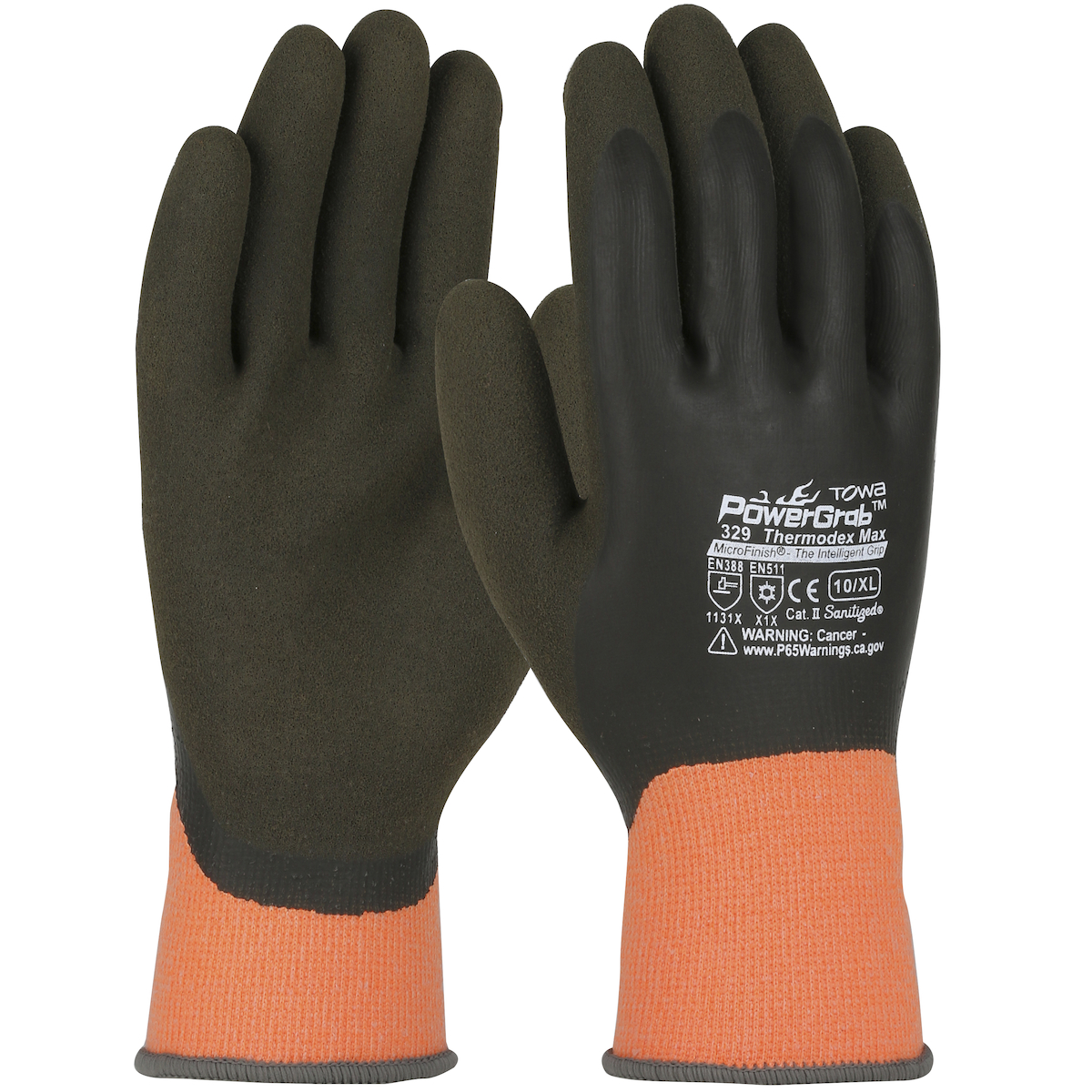 PIP®PowerGrab™Hi-Viz橙色Thermodex无缝针织冬季手套，手上有全涂层乳胶微处理握把