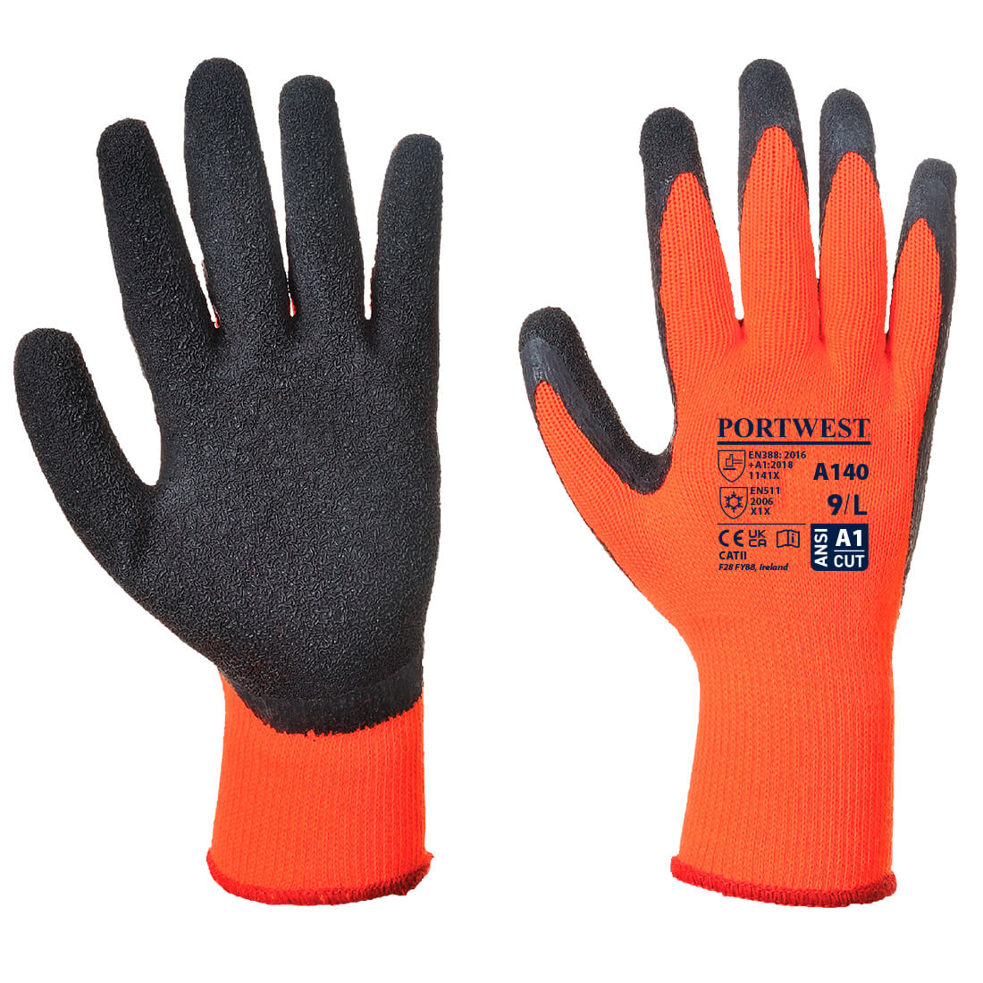 A140 Portwest®高可见度橙色乳胶涂层A1抓手低温工作手套