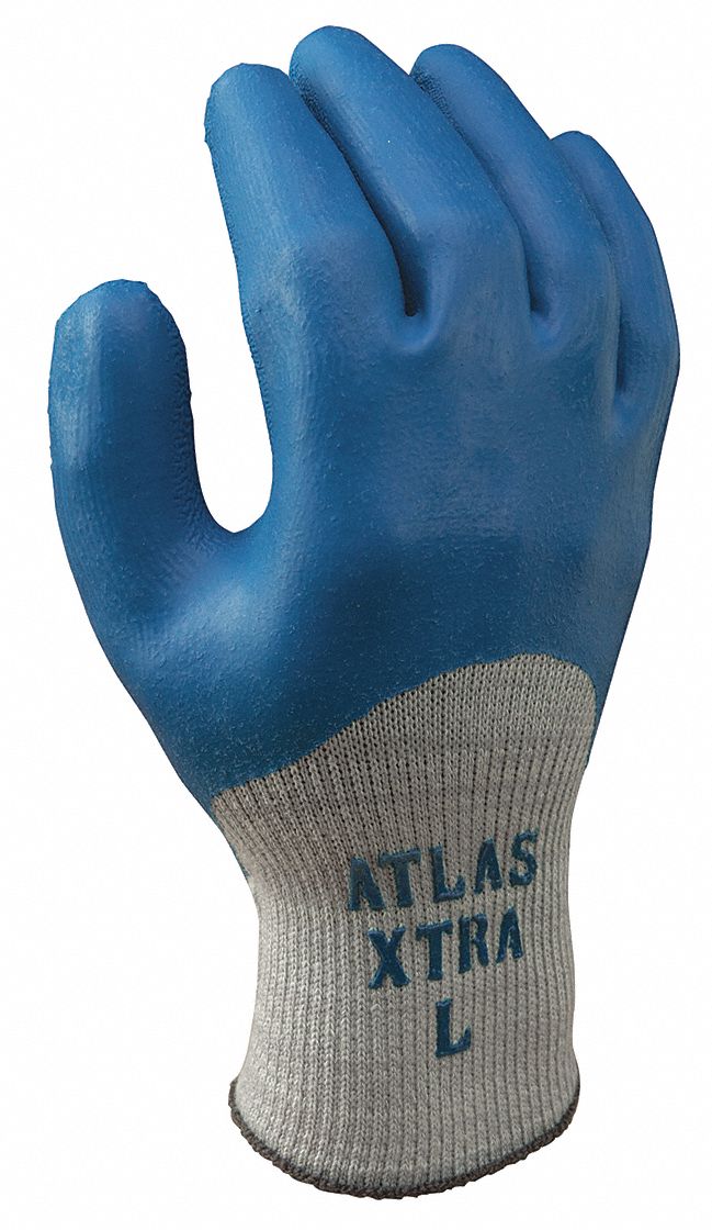 昭和®Atlas®305蓝色涂层指关节针织手套，凹槽纹理