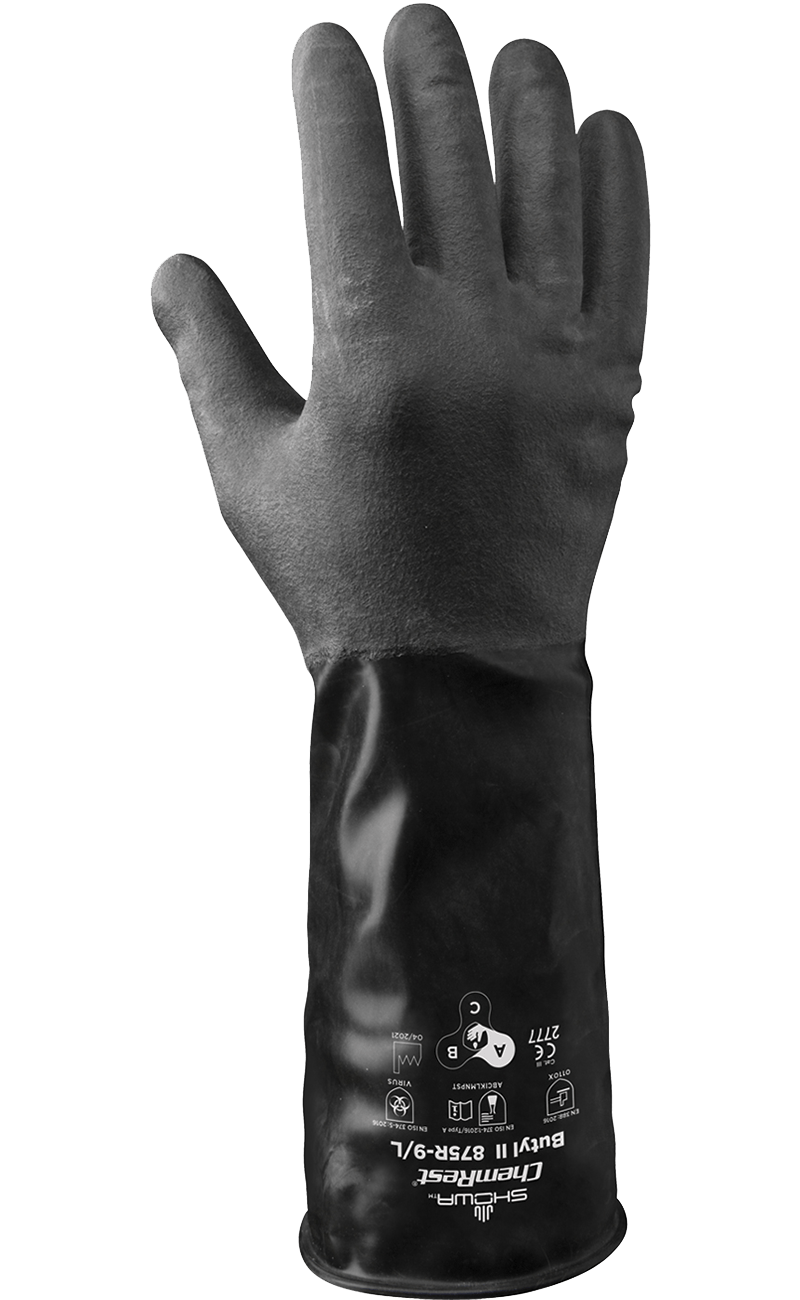 875R昭和®14-Mil无衬里粗糙纹理14英寸黑色丁基橡胶耐化学手套