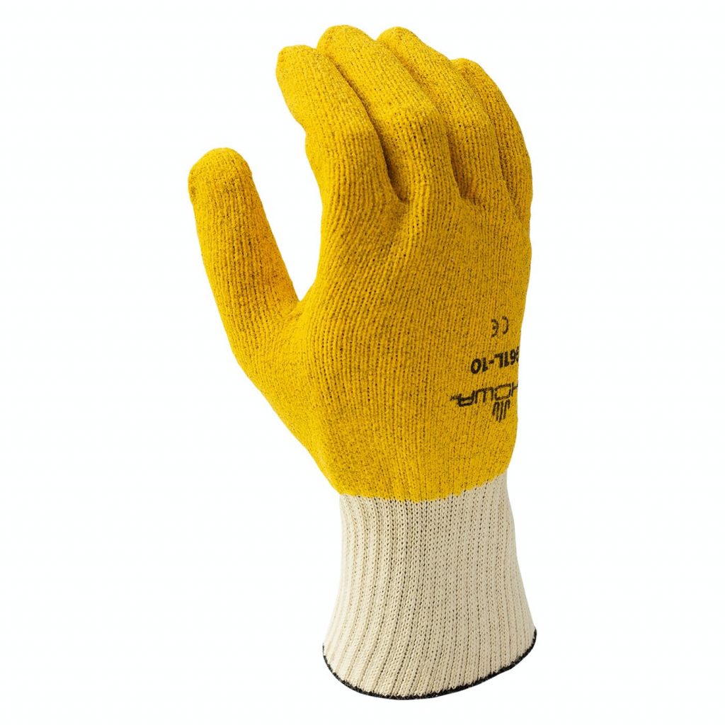 昭和®961黄色完全粗糙涂层PVC棉衬里通用工作手套与针织袖口