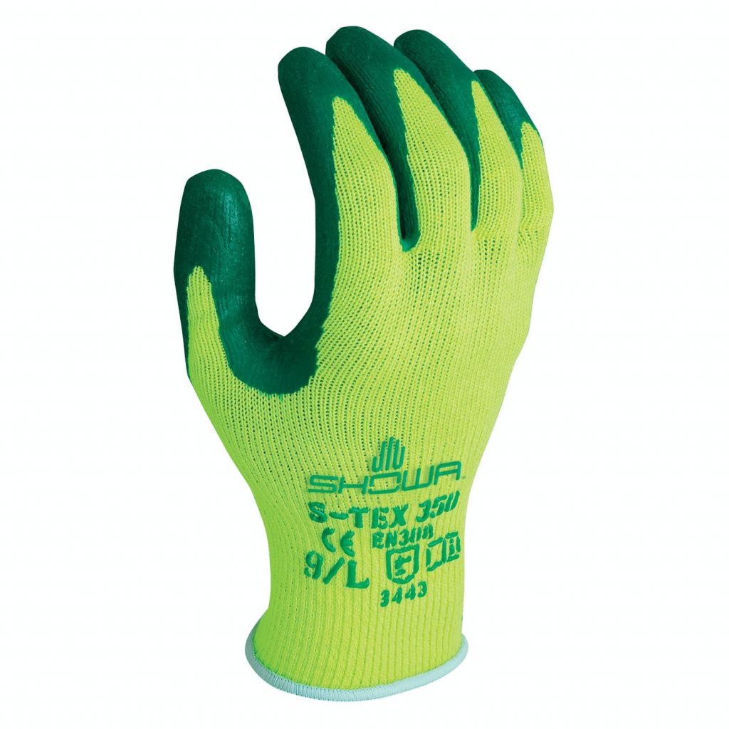 昭和®S-Tex®350 Hi-Viz黄色无缝针织手套与绿色丁腈棕榈涂层A4手套