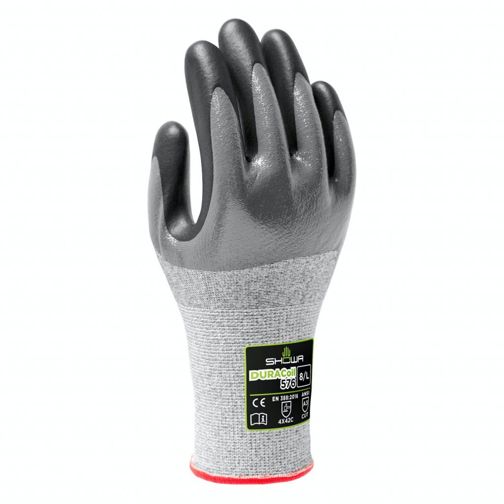 昭和®576手套有3/4丁腈灰色底漆，黑色泡沫手掌涂层，13号HPPE增强DURACoil无缝针织