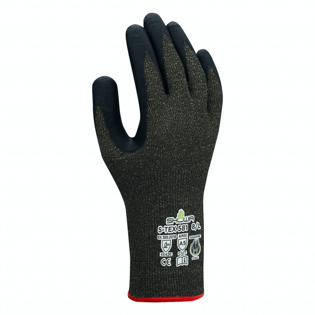 昭和®S-Tex®581 Hagen线圈A5手套，黑色丁腈泡沫棕榈涂层