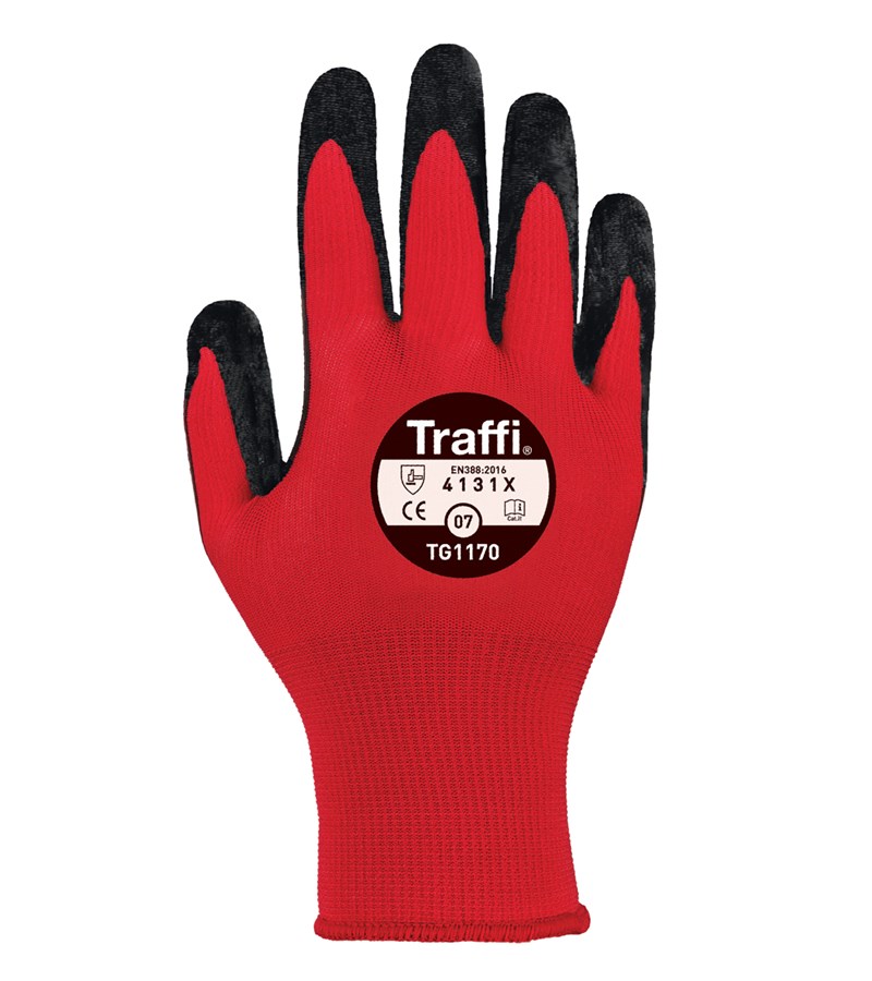 TG1170 Traffi®红色针织手套X-Dura平丁腈涂层工业工作手套