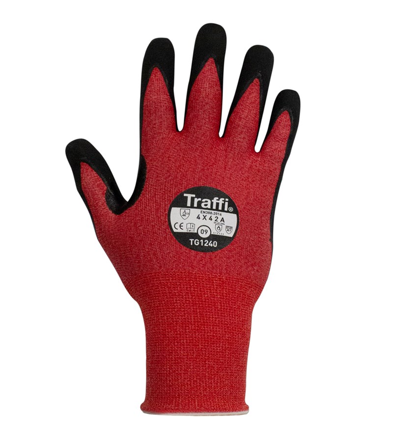 TraffiGlove®LXT®TG1240红色A1抗切割工作手套，配有MicroDex Ultra手掌涂层