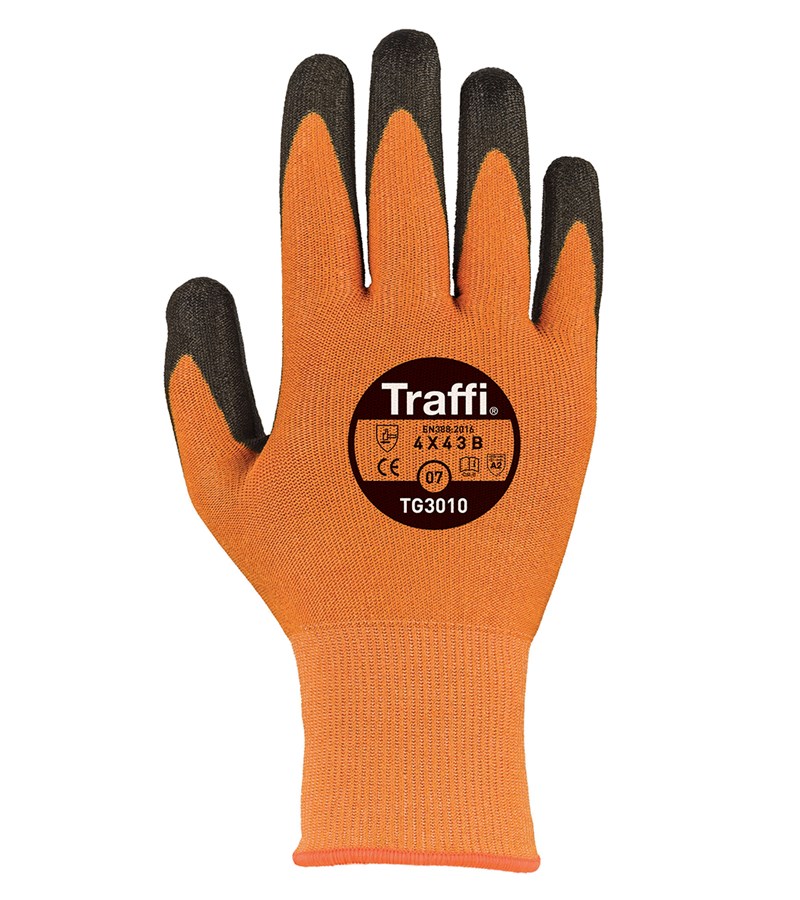 TG3010 TraffiGlove® Amber Colored Gloves with X-Dura PU Coated A2 Cut Resistant Gloves