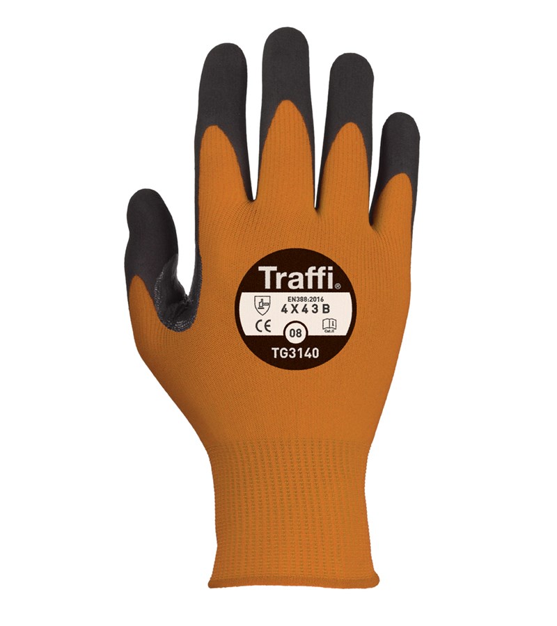 TG3140 TraffiGlove® Amber Seamless Knit 13-gauge A1 Cut Resistant Gloves with MicroDex Nitrile Palm Grip Coating