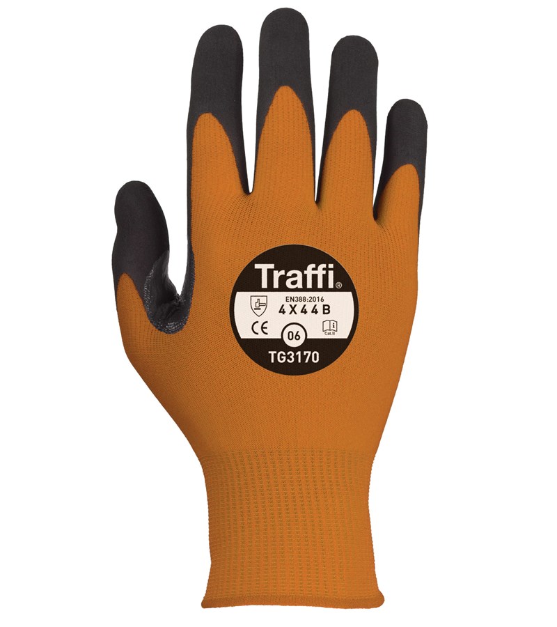 TG3170 TraffiGlove® Amber Colored Gloves with X-Dura Nitrile Coated A2 Cut Resistant Gloves