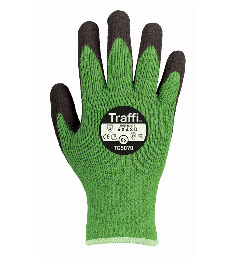 TG5070 TraffiGlove®5 Hi-Viz切割水平A4热工作手套，X-Dura乳胶手掌涂层