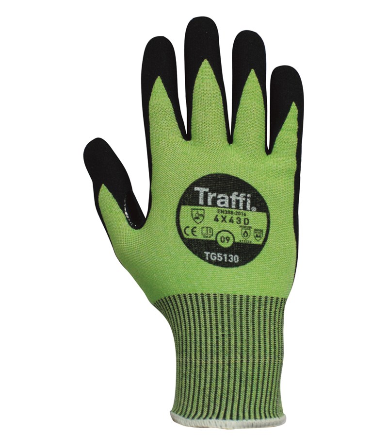 TG5130 TraffiGlove® Green Colored A4 Cut Resistant Gloves with Cohesion Carbon Palm Grip Coating