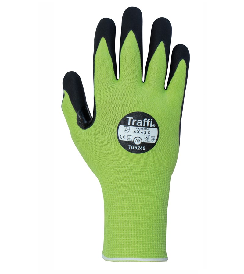 TraffiGlove®LXT®TG5240绿色A3抗割伤工作手套，MicroDex Ultra掌心涂层