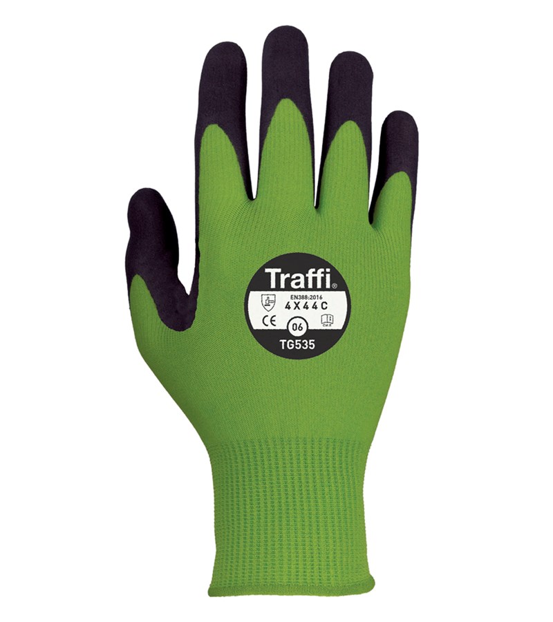 TG535 TraffiGlove® Nitrile Foam Coated Cut-Resistant Green A3 Cut Level Work Gloves