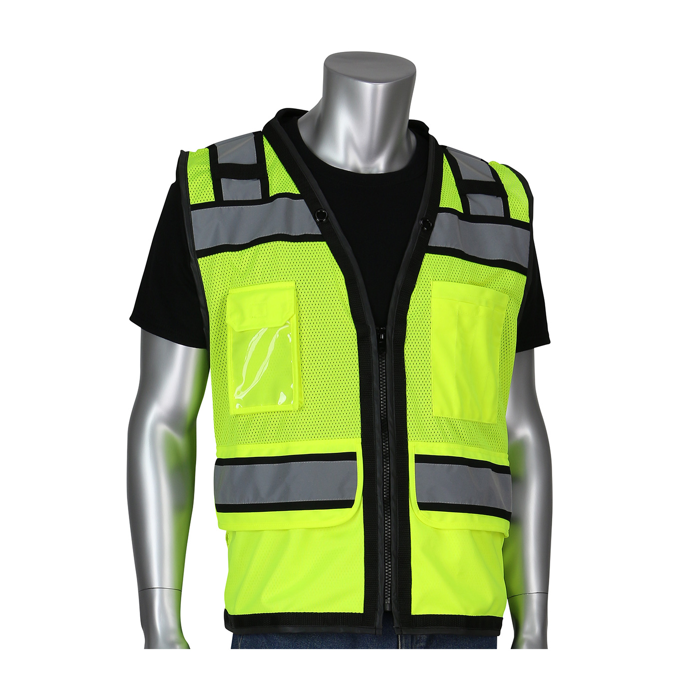 皮普®ANSI类型R类2 11 Poc深浅不一的黑色ket Tech-Ready Yellow Mesh Surveyors Vest with `D` Ring Access #302-0800D