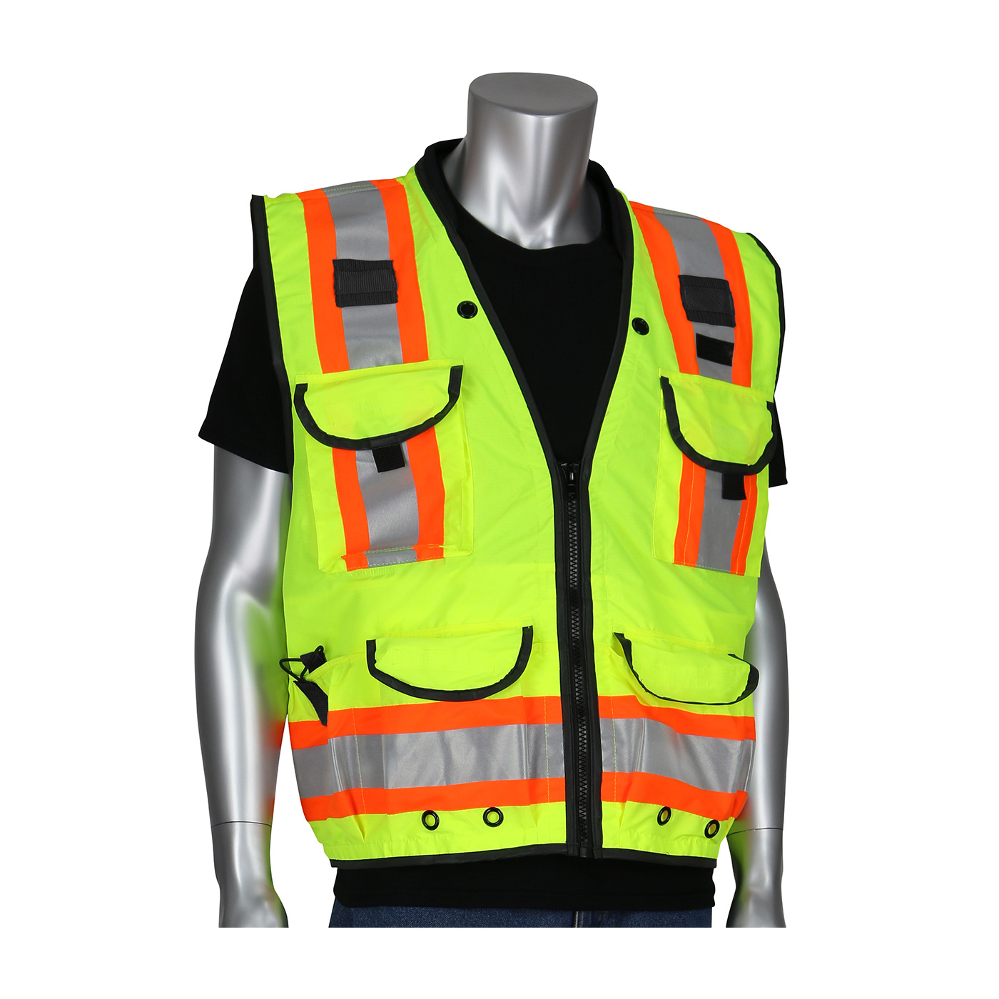 PIP®ANSI Type R Class 2黄色双色十五口袋技术就绪防撕裂测量员背心与网格背部#302-0900