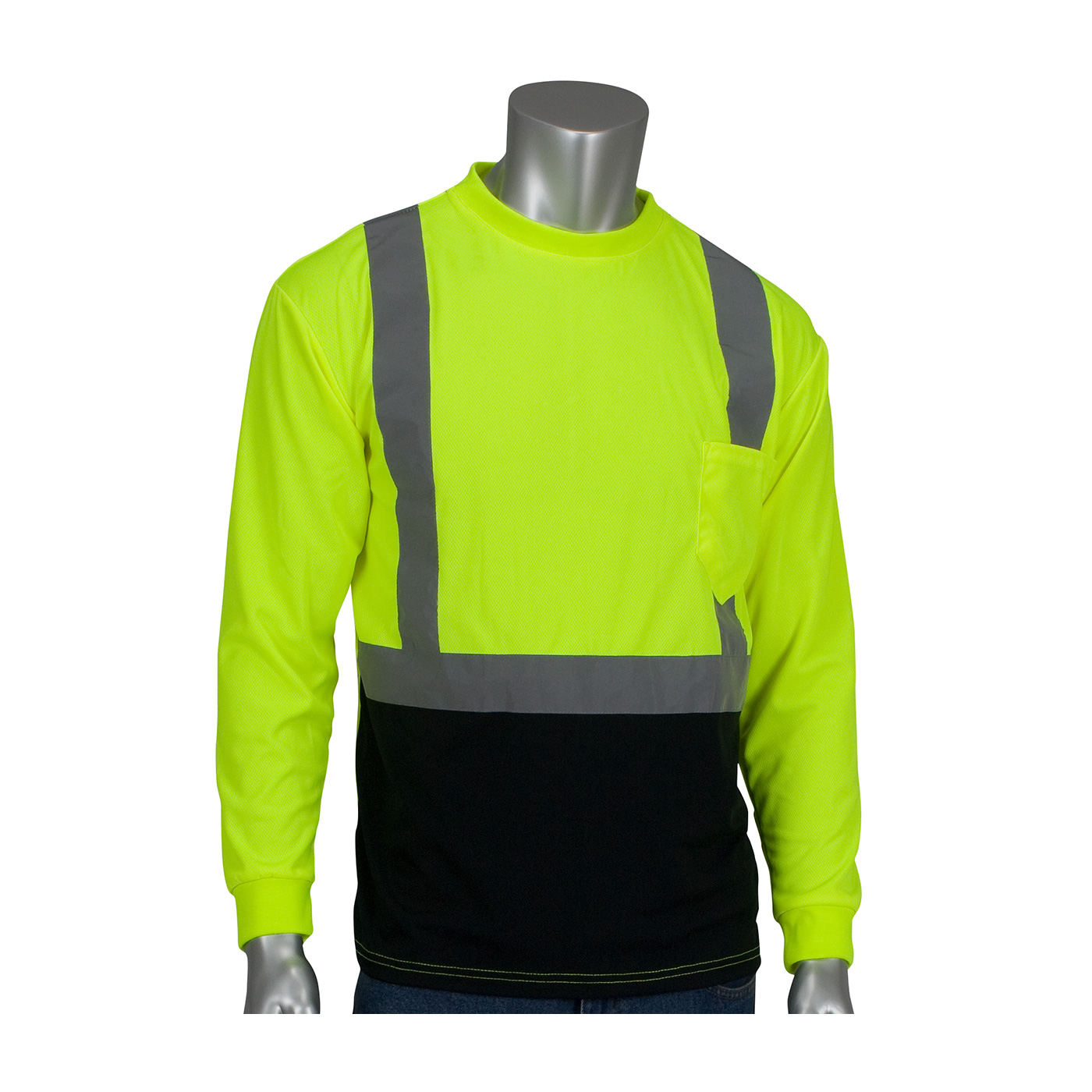 PIP®ANSI Type R Class 2长袖t恤与50+ UPF防晒和黑色底部正面#312-1350B