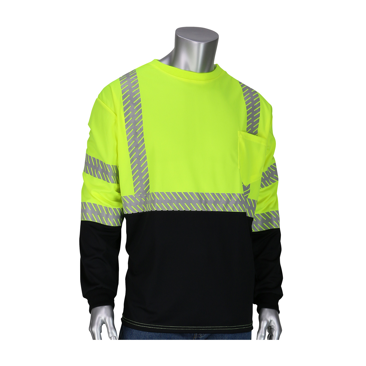 PIP®ANSI Type R Class 3长袖t恤与50+ UPF防晒，内置驱虫剂和黑色底部正面#313-1375B