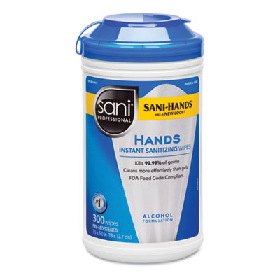 NIC P92084 Sani®专业7.5英寸x 6英寸Sani-手部消毒湿巾，300计数罐