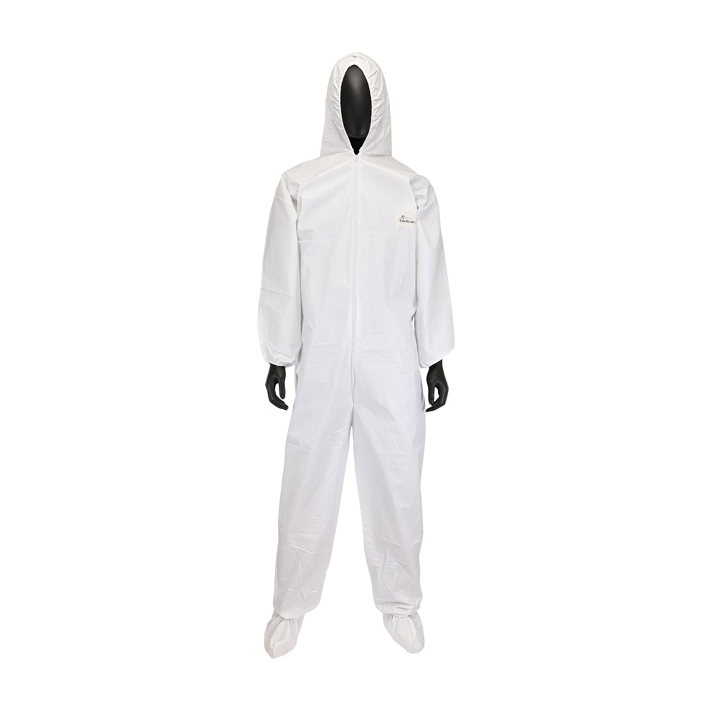 微孔白色防护工作服，带弹性袖口，弹性腰，附兜帽，附靴子