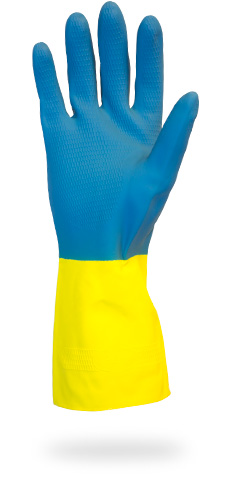 GRLY-(SIZE)- 1sf安全地带®28-mil蓝色氯丁橡胶在黄色羊群内衬乳胶手套