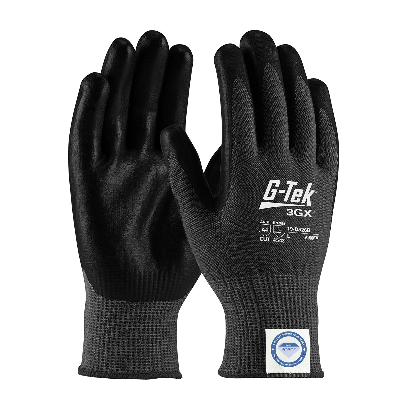 19-D526B PIP®G-Tek®3GX®黑色无缝针织Dyneema®钻石混合手套，手掌和手指上涂有聚氨酯光滑握把-触摸屏兼容