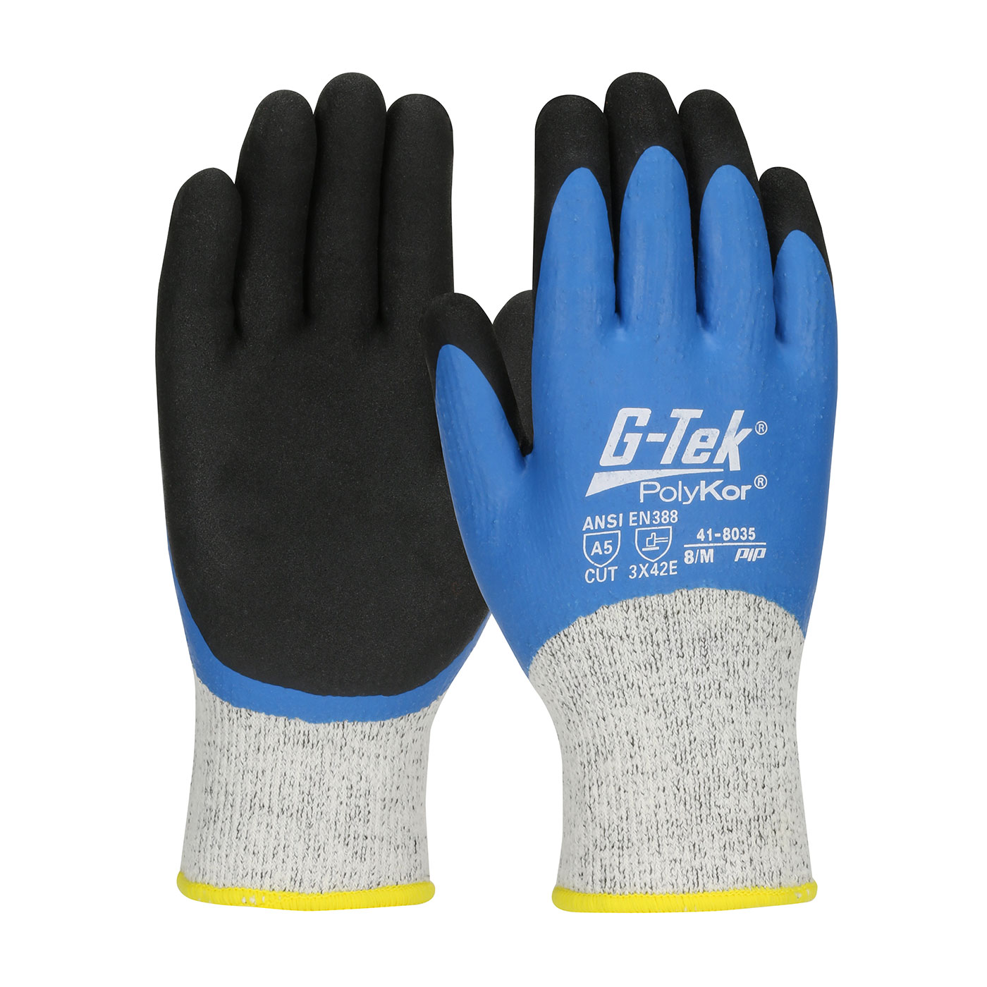 PIP®G-Tek®无缝针织PolyKor®手套，丙烯酸内层和双浸乳胶涂层MicroSurface抓地力在全手