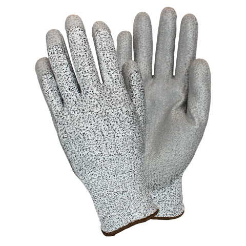 #GS13-SIZE-CYPU Safety Zone®灰色HPPE细绳针织安全手套，灰色PU棕榈涂层