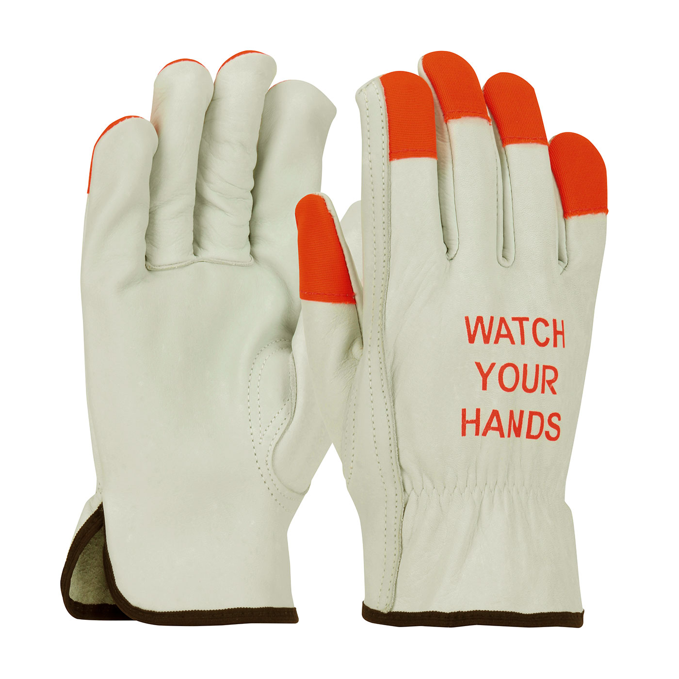 #68-165HV PIP®高级顶级牛皮司机工作手套，带Hi-Viz指尖和背面印有警告