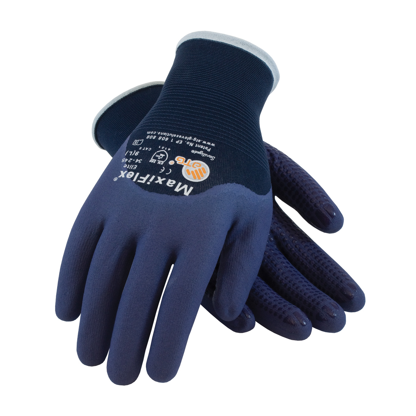 MaxiFlex®Elite™尼龙手套，丁腈点状手掌，蓝色全指和3/4指节涂层