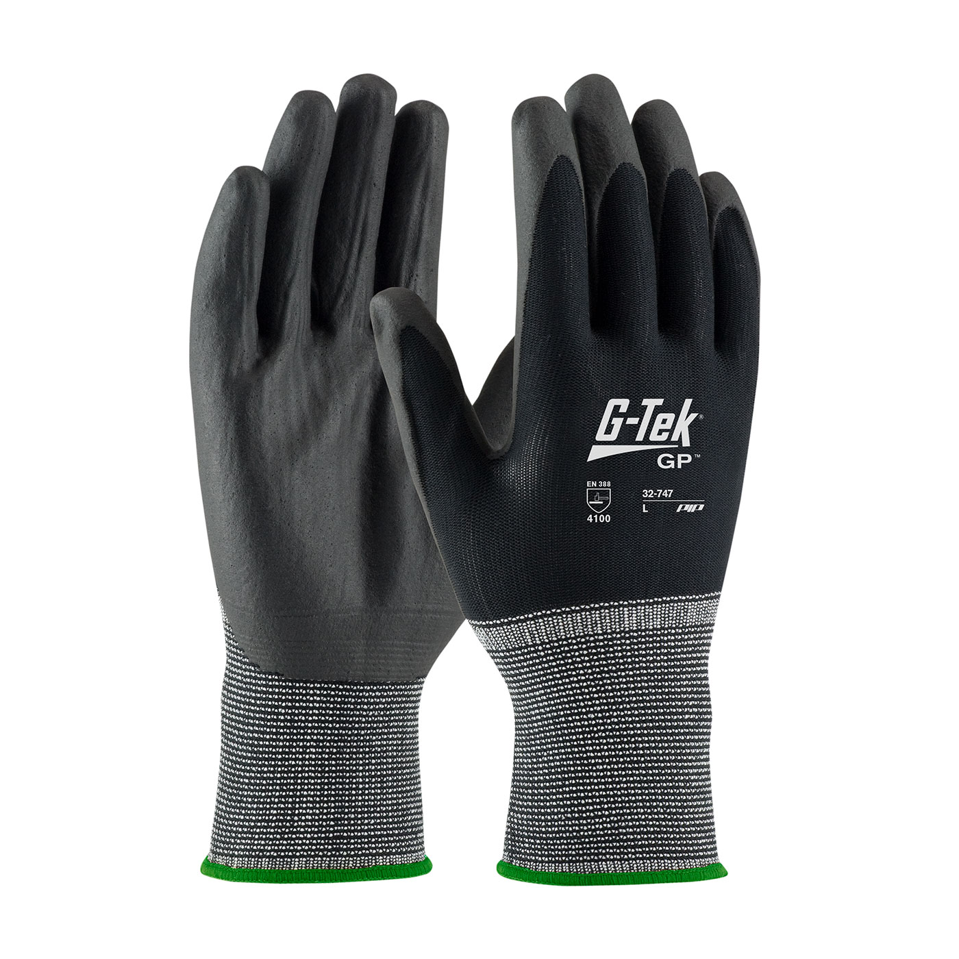 #32-747 PIP®G-Tek®GP™无缝针织尼龙手套，手掌和手指上有充气PVC涂层
