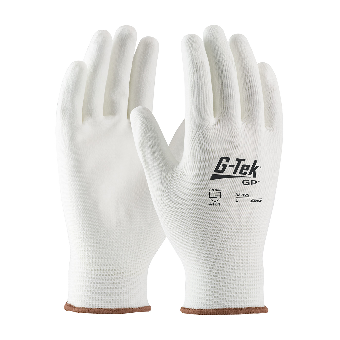 #33-125 PIP®G-Tek®GP™无缝编织白色尼龙手套，白色聚氨酯涂层手掌和手指光滑握把