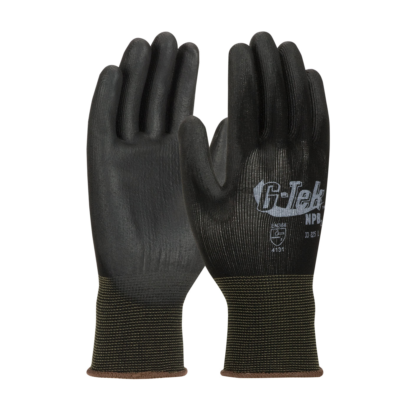 PIP®重型无缝针织黑色尼龙手套，手掌和手指上有特厚黑色聚氨酯涂层光滑握把#33-325
