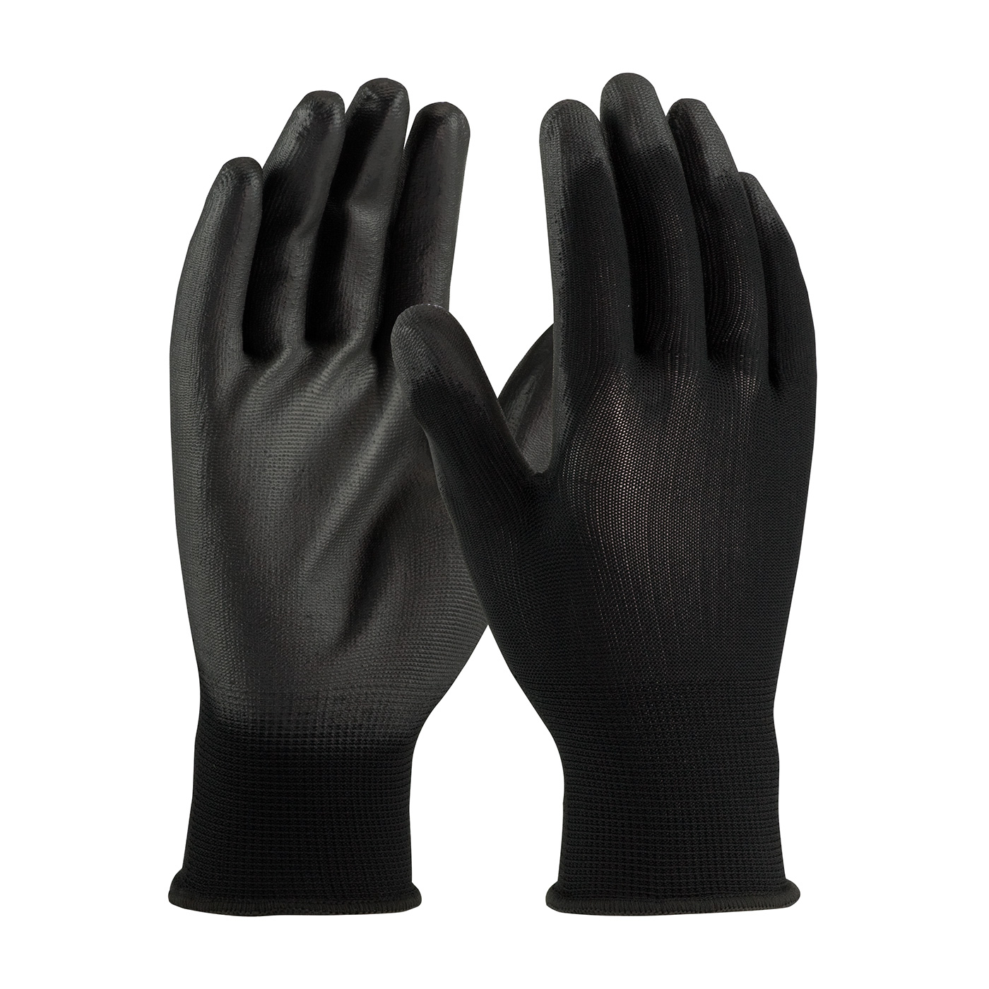 PIP®无缝针织黑色聚酯手套，黑色聚氨酯涂层手掌和手指光滑握把#33-B115