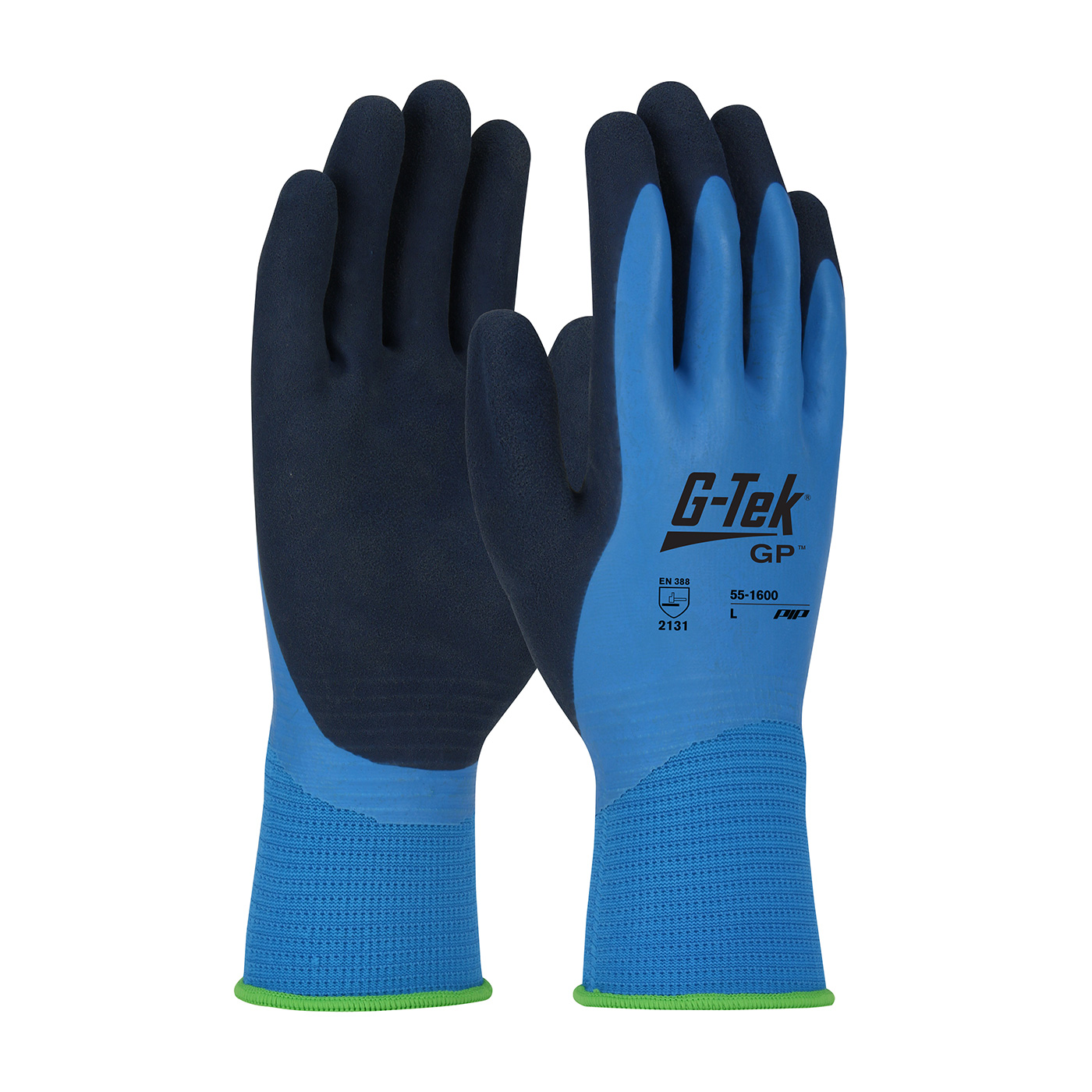#55-1600 G-Tek®GP™防水无缝针织尼龙手套，双浸乳胶涂层微表面握把手掌，手指和指关节