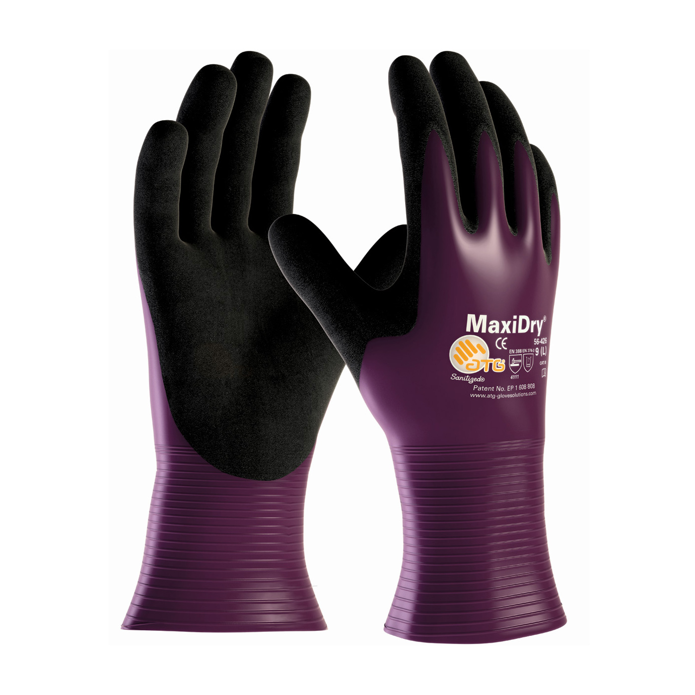 PIP®MaxiDry®超轻丁腈手套，完全浸有无缝针织尼龙/莱卡衬垫，手掌和手指上的防滑握把#56-426