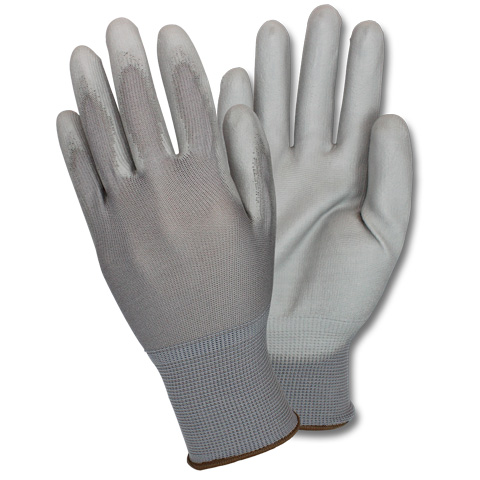 #GNPU-SIZE-4-GY-GY供应源安全区®13规灰色尼龙线针织手套，灰色PU棕榈涂层