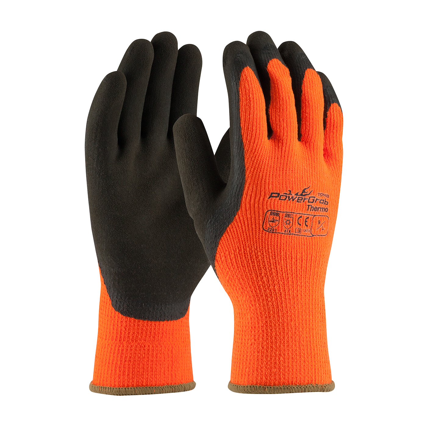 PIP®Hi-Vis橙色PowerGrab™热熔冬季工作手套，乳胶微抛光™握把，