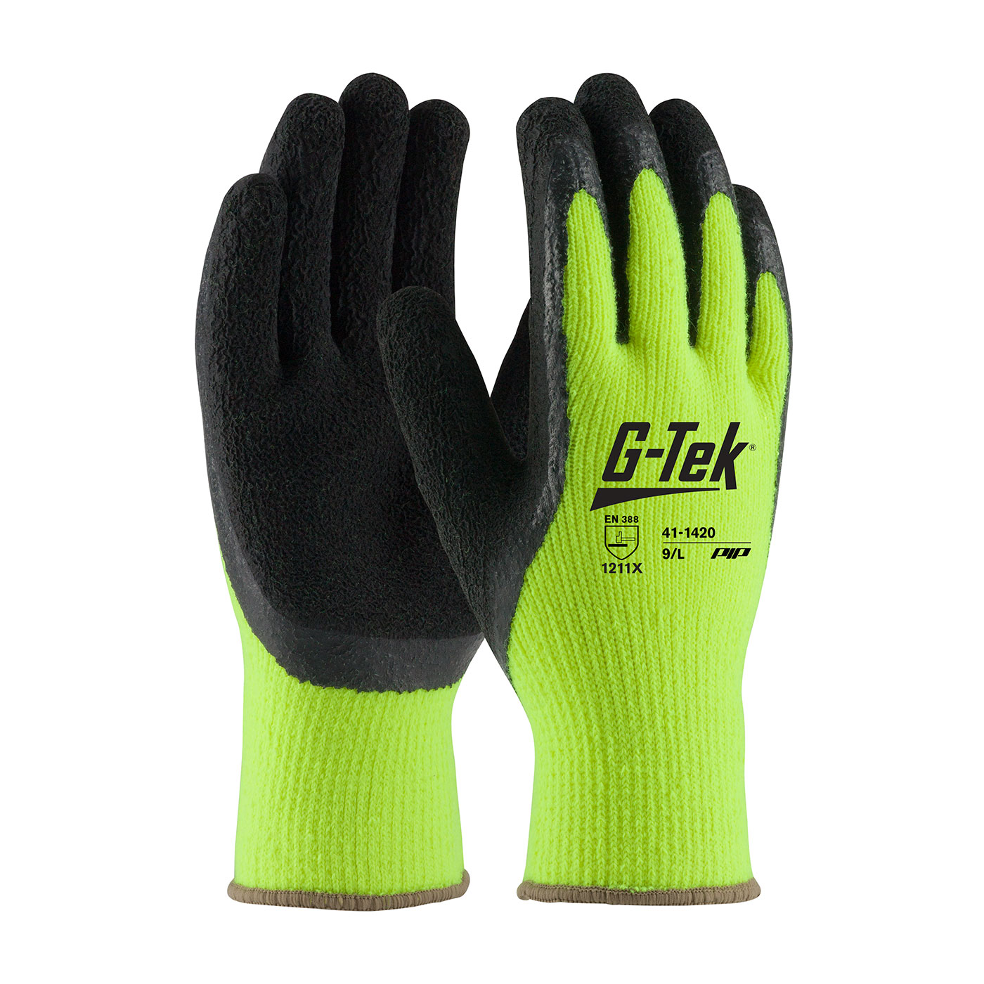 PIP®G-Tek®GP™Hi-Vizs 7-Gauge无缝编织拉丝丙烯酸手套，手掌和手指上涂有乳胶的褶皱握把