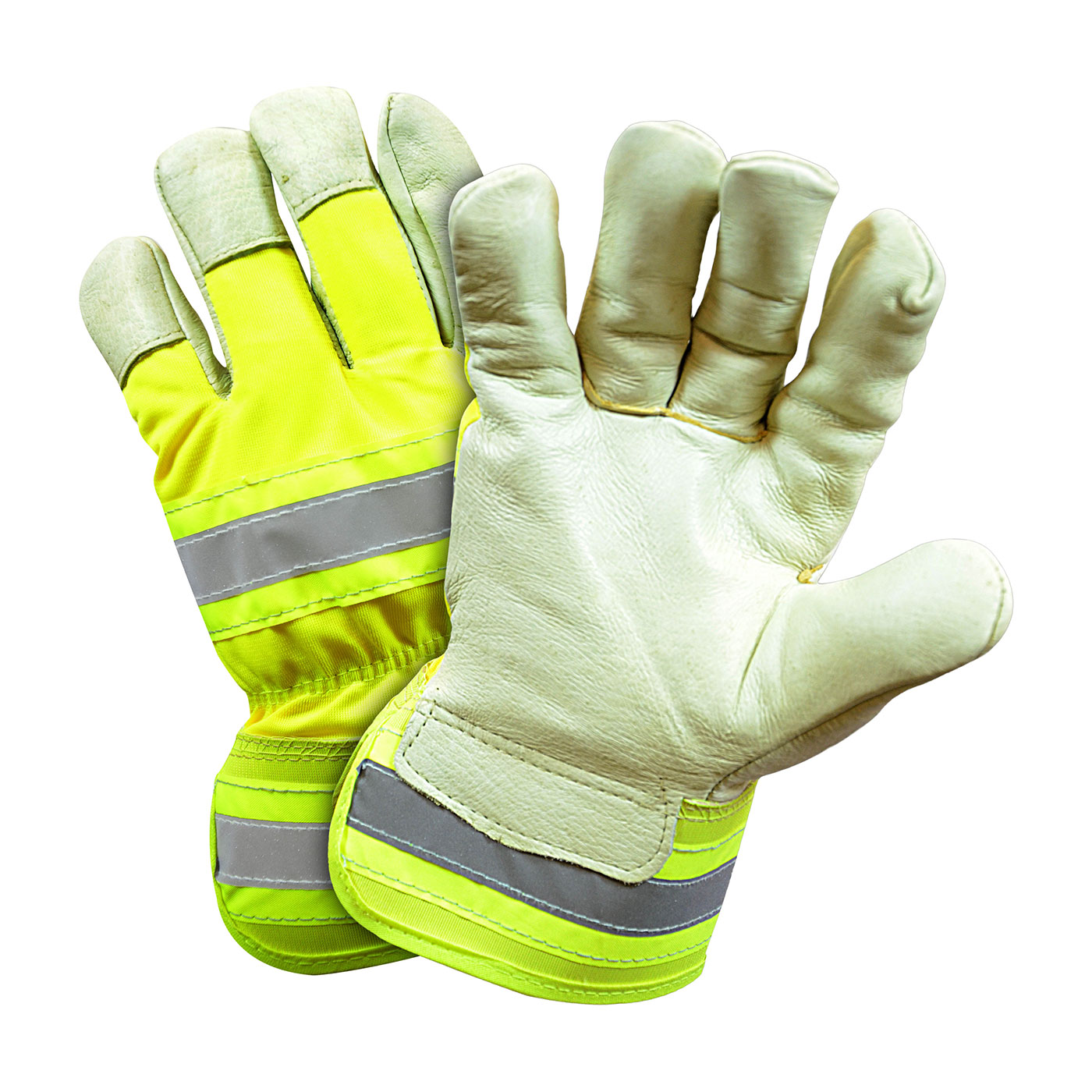 #HVY5555 PIP® West Chester Posi-Therm Top Grain Pigskin Leather Palm Glove with Rubberized Safety Cuffs, Hi-Vis Nylon Backs and Retro Reflective Stripes