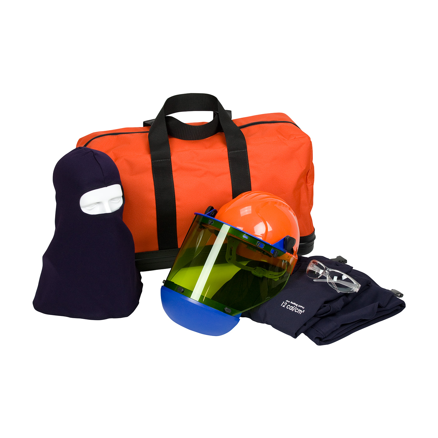 PIP®PPE 2电弧闪光套件- 12 Cal/cm2包含夹克，外套，带电弧防护罩的安全帽，巴拉克拉瓦，安全眼镜和手提包