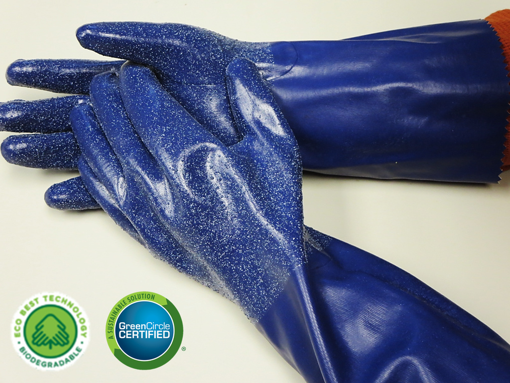 昭和®NSK24可生物降解棉衬里14英寸耐化学丁腈手套，带EBT